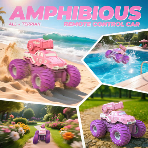 Amphibious 3-in-1 RC Stunt Car for kids on beach, water, and grass. Pink monster truck, 4WD, 1:16 scale.