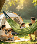 Family enjoying outdoor relaxation with Breathable Mesh Camping Hammock With Ropes And Carry Bag For Outdoor Chill Super Comfy.