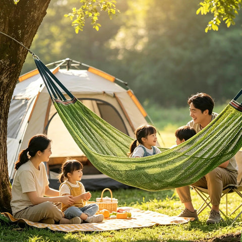 Family enjoying outdoor relaxation with Breathable Mesh Camping Hammock With Ropes And Carry Bag For Outdoor Chill Super Comfy.