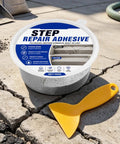 Heavy Duty Concrete Crack Filler And Cement Repair Paste That Kicks Cracked Steps And Chipped Edges To The Curb With Rock Solid Joint Caulk for driveway, 100g container with applicator on cracked concrete.