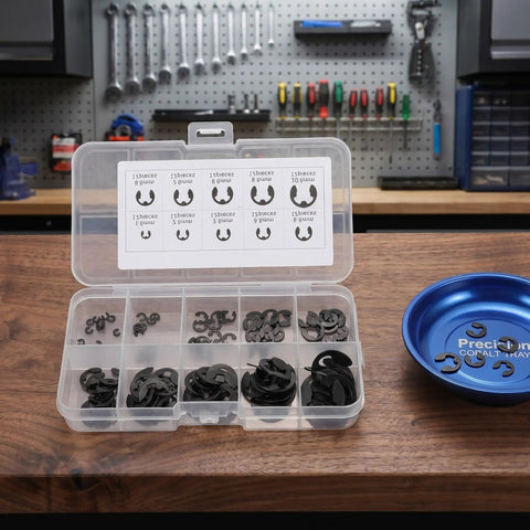 120 Piece Black E Clip Set With Compact Storage Box For Auto And DIY Projects External Retaining Rings Snap Ring Kit In M1.5 To M10 Sizes Beryllium Bronze Material Corrosion Resistant Easy Installation open storage box with assorted black E-clips