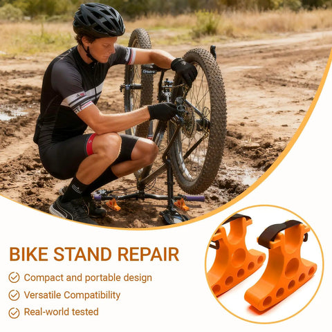 Cyclist using Two Pack Bike Repair Stands with Handlebar Support for Quick Bike Maintenance in muddy terrain.