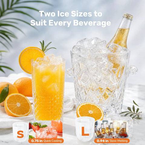 No-Hassle Portable Countertop Ice Maker With Scoop And Carry Handle, Fast Six Minute Freeze, Up To Twenty-Six Pounds Daily Output, Two Cube Sizes For Kitchens, Offices Or Chill Weekend Hangouts with glasses and ice.