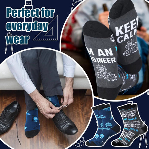 Person wearing 8 Pairs Engineer Socks For Men Novelty Mechanical Crew Socks Gift Set Cotton Comfort With Gear, Wrench, Protractor And Compass Designs Cool Gift For Dad Or Grandpa, featuring tool patterns and text.