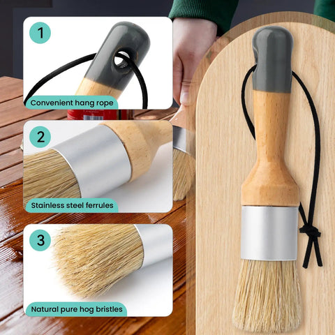 Super Slick Three Piece Chalk Wax Paint Brush Set For Furniture Makeovers with natural hog bristles and stainless steel ferrules.