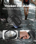 Hiking trail with close-up views of a flashlight's thickened shade, lamp head, and hand grip for protection