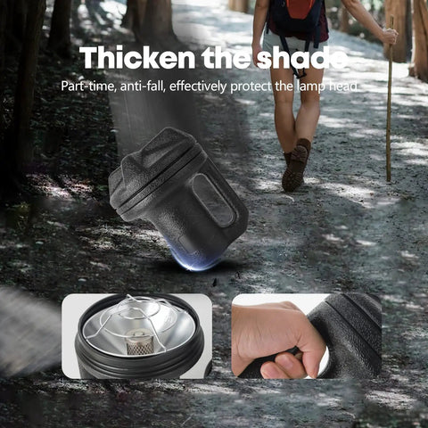Hiking trail with close-up views of a flashlight's thickened shade, lamp head, and hand grip for protection