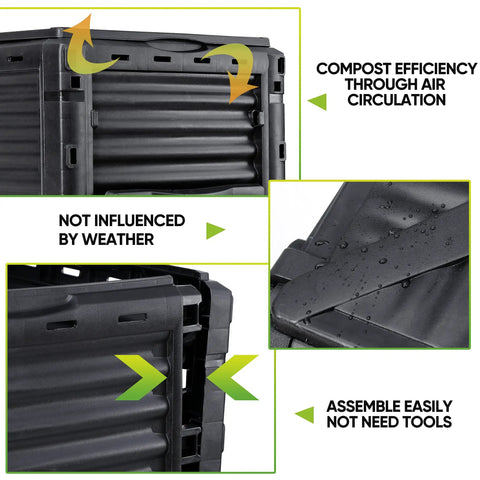 80 Gallon Outdoor Compost Bin With Top Flip Lid Includes Gloves Large Aerating Garden Box For Yard Waste Easy Exit Door BPA Free Material Black Turns Scraps Into Rich Compost Fast with weatherproof sides and easy assembly