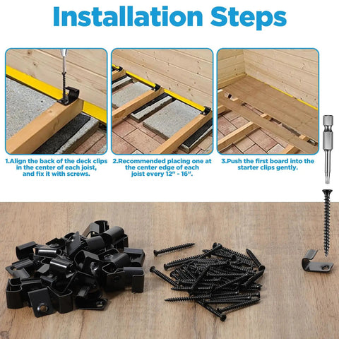 Installation steps for Heavy Duty Starter Deck Clips Universal Hidden Fasteners For Composite Deck Boards Rust Proof 304 Stainless.