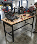 Badass 70 Inch Adjustable Workbench Featuring Rock Solid 2500 Pound Steel Frame And Built In Rolling Cabinet Storage for garage tasks.