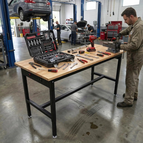 Badass 70 Inch Adjustable Workbench Featuring Rock Solid 2500 Pound Steel Frame And Built In Rolling Cabinet Storage for garage tasks.
