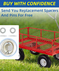 Red garden cart with Flat Free 10 Inch Tire And Wheel 4.10/3.50-4 For Hand Trucks, spare spacers and pins.
