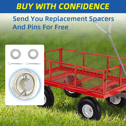 Red garden cart with Flat Free 10 Inch Tire And Wheel 4.10/3.50-4 For Hand Trucks, spare spacers and pins.