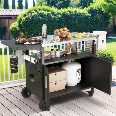 Ultimate Outdoor Grill Cart With Storage And Wheels, Patio Kitchen Island Style BBQ Table With Cabinet, Movable Grill Stand