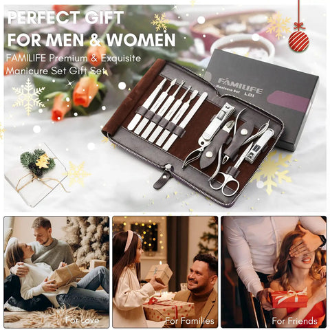 11 In 1 Manicure Kit With Stainless Steel Nail Clippers in brown leather case with gift box, holiday gift scene