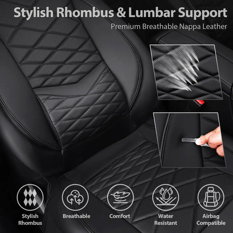 All Black Premium Nappa Leather Front Seat Covers with 3D Foam detail showing breathable material, universal fit, and airbag compatibility.
