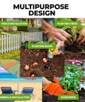 Auger drill bit for planting; garden tool collage showing bulb planting, tree planting, fence and umbrella installation.