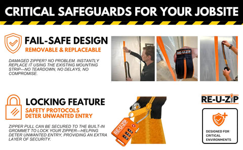 Reusable Dust Barrier Zipper Pro Bundle with fail-safe locking and replaceable strips, images showing installation and locking feature.
