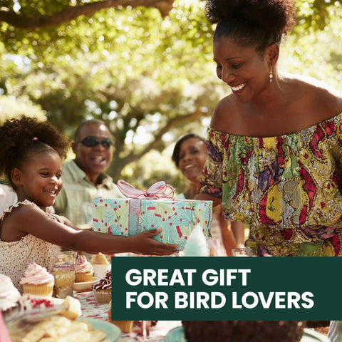 Family enjoying outdoor celebration with wrapped gift on table, text 'Great Gift for Bird Lovers' in corner.