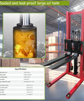 Heavy Duty Manual Pallet Stacker Featuring A No Sweat 2200 Pound Hydraulic Lift And Sixty Three Inch Rise For Warehouse Grinds and Factory Material Hauling Straight Up Shop Floor Legend with large oil tank and forks.