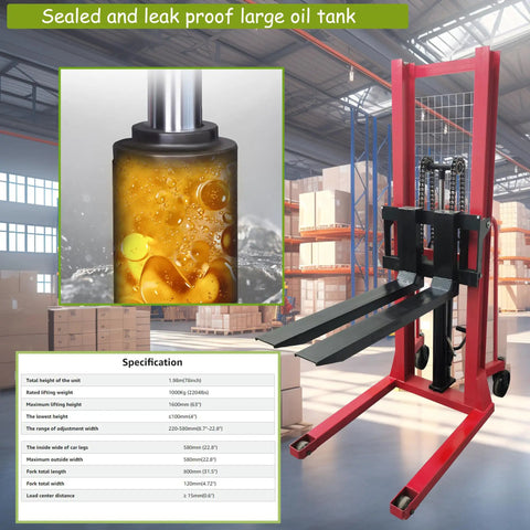 Heavy Duty Manual Pallet Stacker Featuring A No Sweat 2200 Pound Hydraulic Lift And Sixty Three Inch Rise For Warehouse Grinds and Factory Material Hauling Straight Up Shop Floor Legend with large oil tank and forks.