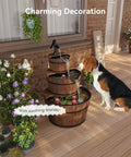 Dog near Rustic Wood Barrel 3 Tier Outdoor Water Fountain With Electric Hand Pump Cascading Waterfall for patio