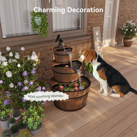 Dog near Rustic Wood Barrel 3 Tier Outdoor Water Fountain With Electric Hand Pump Cascading Waterfall for patio