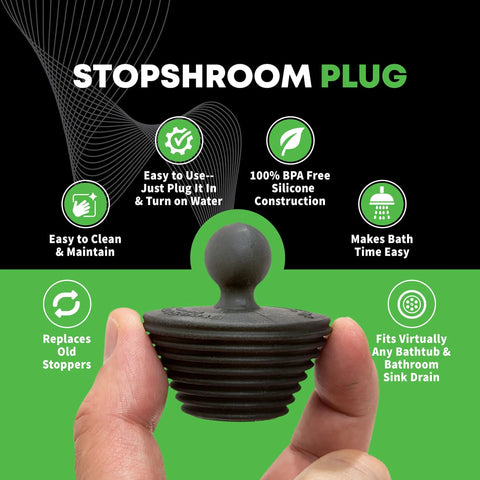 Close-up of silicone StopShroom Plug held by hand, labeled features - easy to clean, BPA free, fits bathroom sink drain.