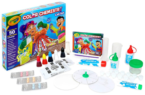 Color Chemistry Kit With 50 Experiments For Kids STEM Science Toy For Boys And Girls Ages 7 8 9 Hands On Color Mixing And Safety Lessons Ideal Gift For Curious Young Scientists box and components including test tubes, color bottles, and booklet.