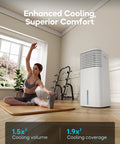No Window Portable Evaporative Air Cooler With Remote Control 3 Speed Settings 4 Modes shown in a bedroom with woman stretching