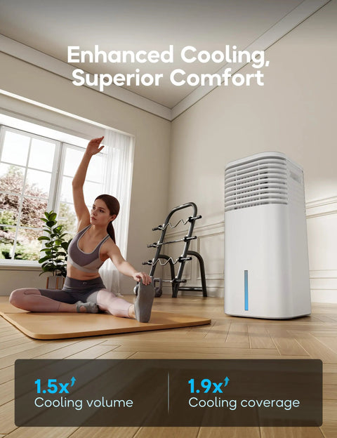 No Window Portable Evaporative Air Cooler With Remote Control 3 Speed Settings 4 Modes shown in a bedroom with woman stretching
