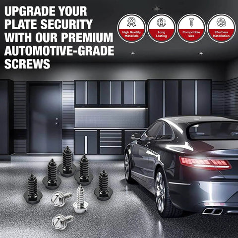 Heavy Duty License Plate Screws With Rustproof Finish Black Stainless Steel Bolt Kit For Front And Rear Domestic Rides on garage floor.