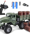 One Sixteenth Scale 6x6 RC Military Truck Off Road Toy Car with accessories, showing green truck, controller, and batteries