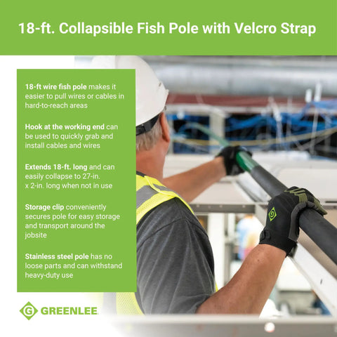 Electrician using Collapsible 18 Foot Wire Pulling Fish Pole for attics ceilings and crawl spaces, extending tool with safety gear.