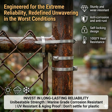 Heavy Duty 304 Stainless Steel Zip Ties securing fence, rustproof cable ties for outdoor use, 4 inch, weather ready, 200 pound tensile