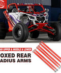 Can-Am Maverick X3 72 Inch Heavy Duty Boxed Rear Radius Arms With Heim Joints Pre Adjusted Steel Red For 2017 2023 X RC RS MR MAX Models 72 Inch Body Beefed-Up Off Road Upgrade, red rear arms