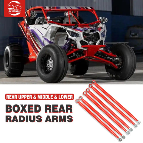 Can-Am Maverick X3 72 Inch Heavy Duty Boxed Rear Radius Arms With Heim Joints Pre Adjusted Steel Red For 2017 2023 X RC RS MR MAX Models 72 Inch Body Beefed-Up Off Road Upgrade, red rear arms
