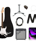 Black Stratocaster Style Electric Guitar Starter Kit With Frontman 10G Amp, Padded Gig Bag, Strap, Cable, Picks, Stand, Extra Strings, Free Lessons, And 2 Year Warranty
