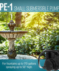 Fountain with Compact Submersible Pump Epoxy Encapsulated Direct Drive 115 Volt 0.008 HP 170 GPH With 6 Ft Cord