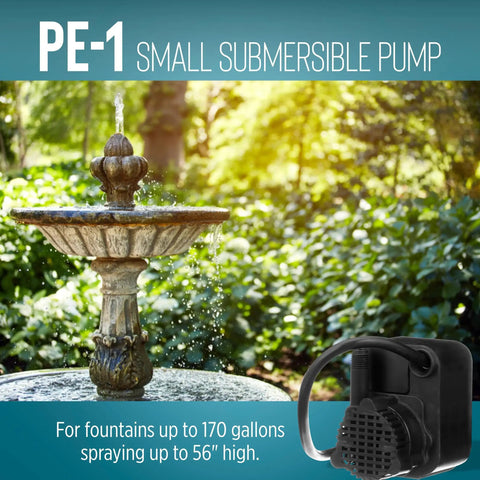 Fountain with Compact Submersible Pump Epoxy Encapsulated Direct Drive 115 Volt 0.008 HP 170 GPH With 6 Ft Cord