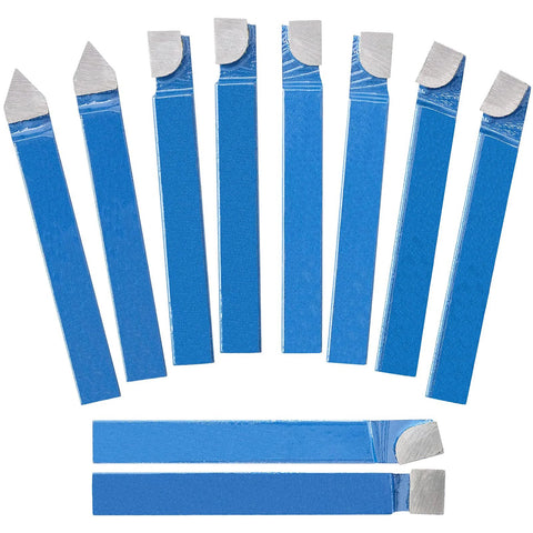 PNBO 1/4 in metal lathe tooling set with 10 blue carbide-tipped cutters, front view