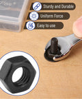 Using wrench on bolt in Nuts And Bolts Assortment Kit 113 Pieces Galvanized Iron Hardware Set For Home DIY Projects. View of nut.