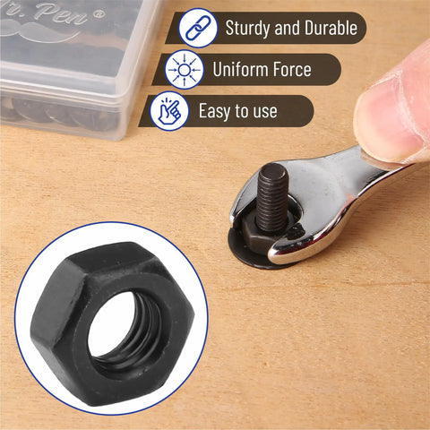 Using wrench on bolt in Nuts And Bolts Assortment Kit 113 Pieces Galvanized Iron Hardware Set For Home DIY Projects. View of nut.