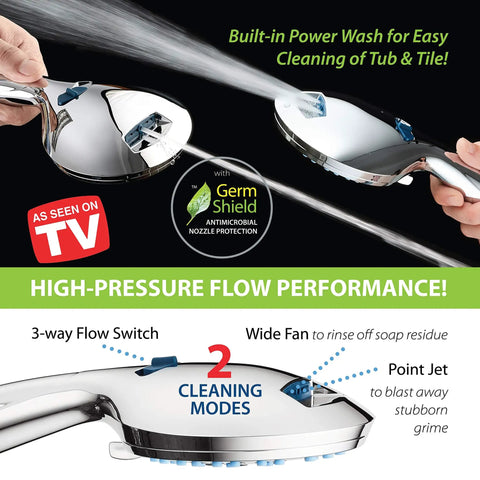 High Pressure 50 Mode Rain And Handheld Shower Head Combo With Anti Clog Nozzles, 3 Way Operation, Extra Long 6 Foot Stainless Steel Hose, All Chrome Finish, Built For Tub Tile Pet Washing And Power Wash