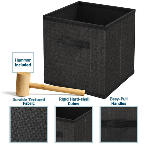 Black durable bin from 12 Cube Storage Organizer with included hammer, showing fabric texture and easy-pull handles.