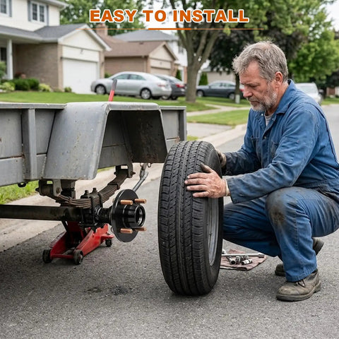 Man installing a tire on a trailer, showcasing Heavy Duty 4 Lug Trailer Hub Kit For 2000 Lbs Boat Rigs with 4x4 inch bolt pattern.