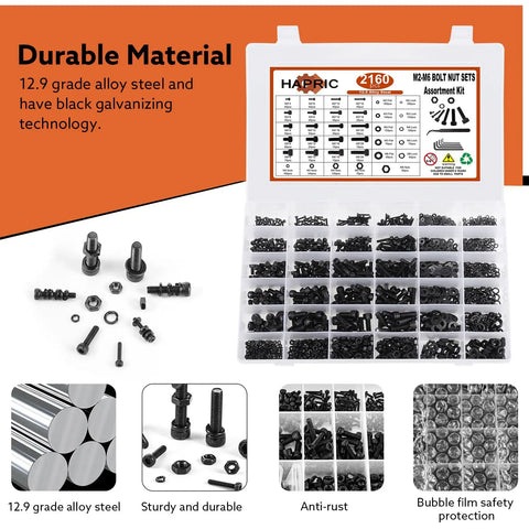 All In One 2160 Piece Metric Screw Kit With M2 To M6 Bolts Nuts Washers 12.9 Alloy Steel Black Zinc Plated open box view