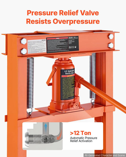 Rock Solid 12 Ton H Frame Shop Press Built Tough As Nails With Smooth Hydraulic Bottle Jack Pressure relief valve detail.