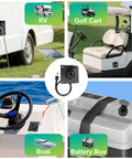 IP67 Waterproof Pass Through Power Port Mount for RVs and Marine Installations shown in use on RV, golf cart, boat, and battery box.
