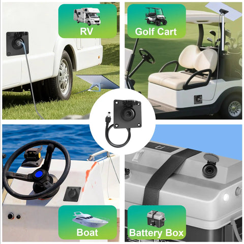 IP67 Waterproof Pass Through Power Port Mount for RVs and Marine Installations shown in use on RV, golf cart, boat, and battery box.